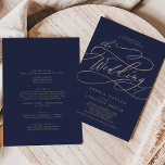 Romantic Gold Calligraphy Navy All In One Wedding Invitation<br><div class="desc">This romantic gold calligraphy navy all in one wedding invitation is perfect for a simple wedding. The modern classic design features fancy swirls and whimsical flourishes with gorgeous elegant hand lettered faux champagne gold foil typography. Save paper by including the details on the back of the wedding invitation instead of...</div>