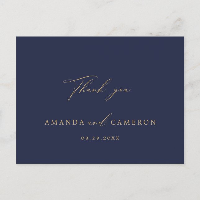Romantic Gold Calligraphy Navy Blue Thank You Postcard (Front)