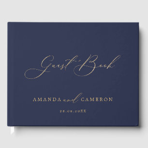 Romantic Gold Calligraphy Navy Blue Wedding Guest Book