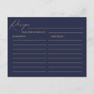 Romantic Gold Calligraphy Navy Blue Wedding Recipe Postcard