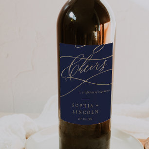Romantic Gold Calligraphy Navy Cheers Wedding Wine Label
