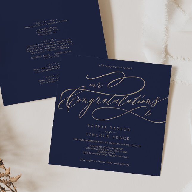 Romantic Gold Calligraphy Navy Congratulations Invitation (Creator Uploaded)