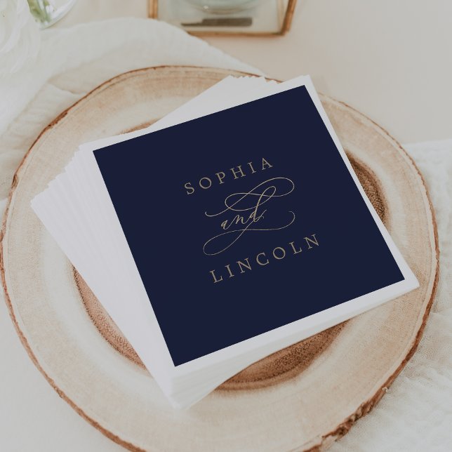 Romantic Gold Calligraphy | Navy Flourish Wedding Napkin (Creator Uploaded)