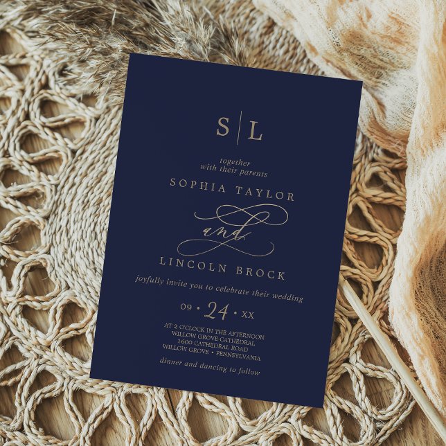 Romantic Gold Calligraphy | Navy Monogram Wedding Invitation (Creator Uploaded)