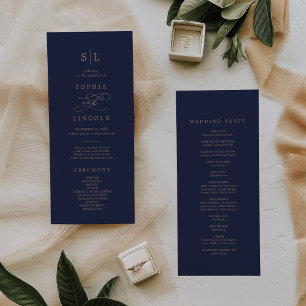 Romantic Gold Calligraphy Navy Monogram Wedding Program