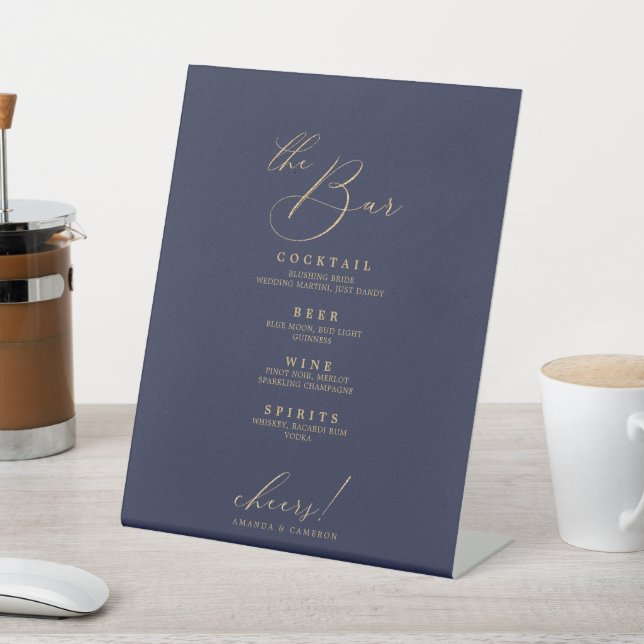 Romantic Gold Calligraphy  Navy The Bar Wedding Pedestal Sign (In SItu)