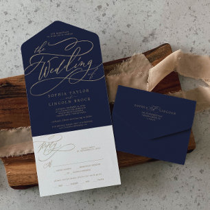 Romantic Gold Calligraphy   Navy The Wedding Of Al All In One Invitation