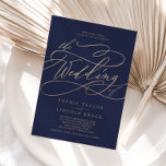 Romantic Gold Calligraphy | Navy The Wedding Of Invitation<br><div class="desc">This romantic gold calligraphy navy wedding invitation is perfect for a simple wedding. The modern classic design features fancy swirls and whimsical flourishes with gorgeous elegant hand lettered faux champagne gold foil typography. Please Note: This design does not feature real gold foil. It is a high quality graphic made to...</div>