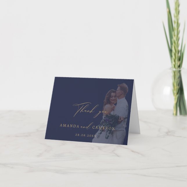 Romantic Gold Calligraphy Navy  Wedding Thank You (Front)