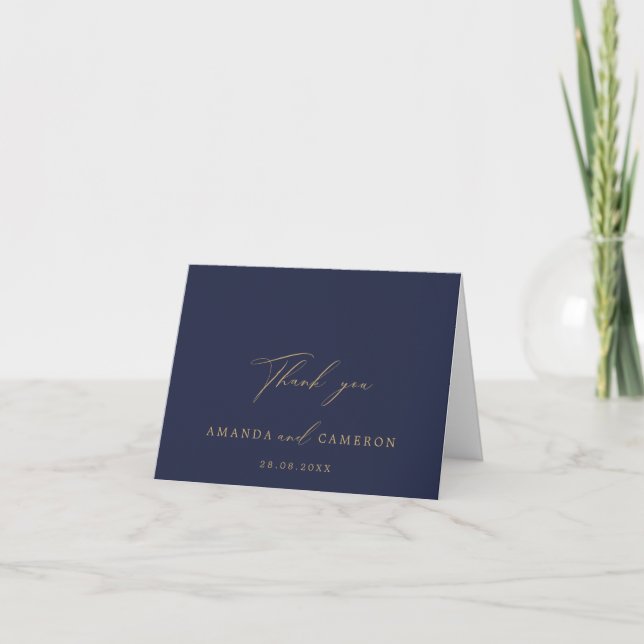 Romantic Gold Calligraphy Navy  Wedding Thank You (Front)