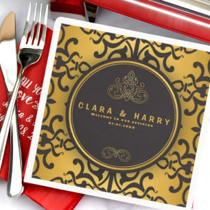 Romantic gold calligraphy vintage floral wedding napkin