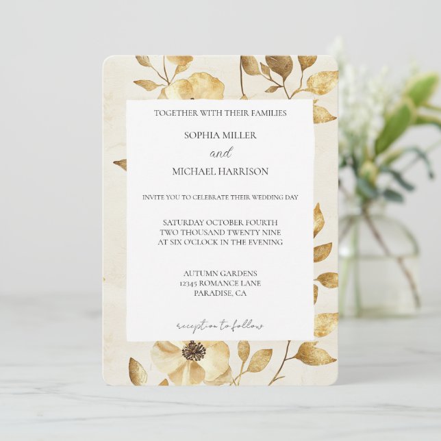 Romantic Gold Cream Floral Wedding Invitation (Standing Front)