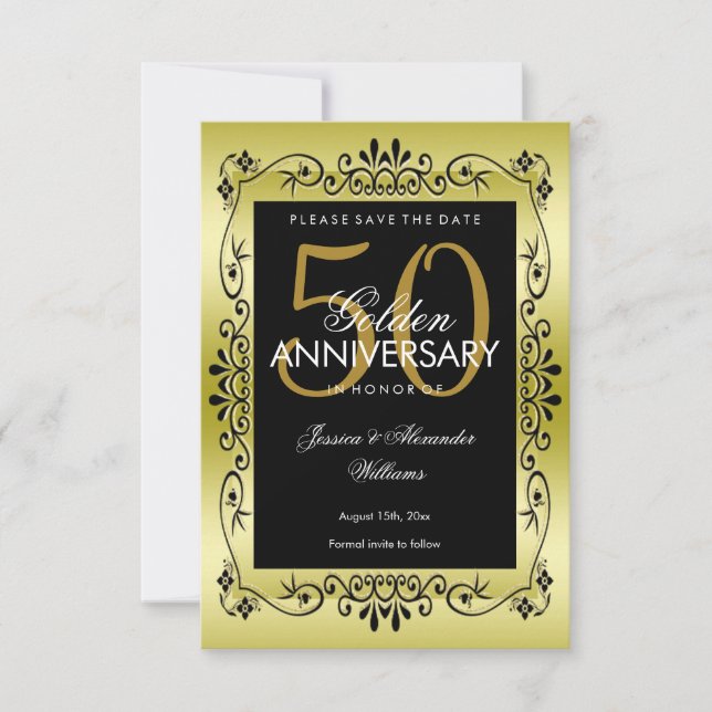 Romantic Gold Decorative Framed 50th Wedding Save The Date (Front)