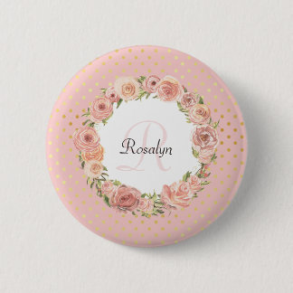 Romantic Gold Dotted Rose Floral Monogrammed Name 2 Inch Round Button
