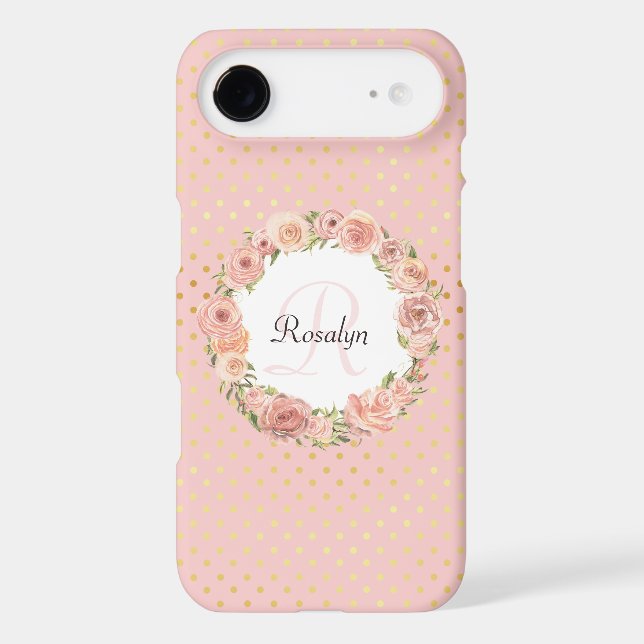 Romantic Gold Dotted Rose Floral Monogrammed Name Case-Mate iPhone Case (Back)