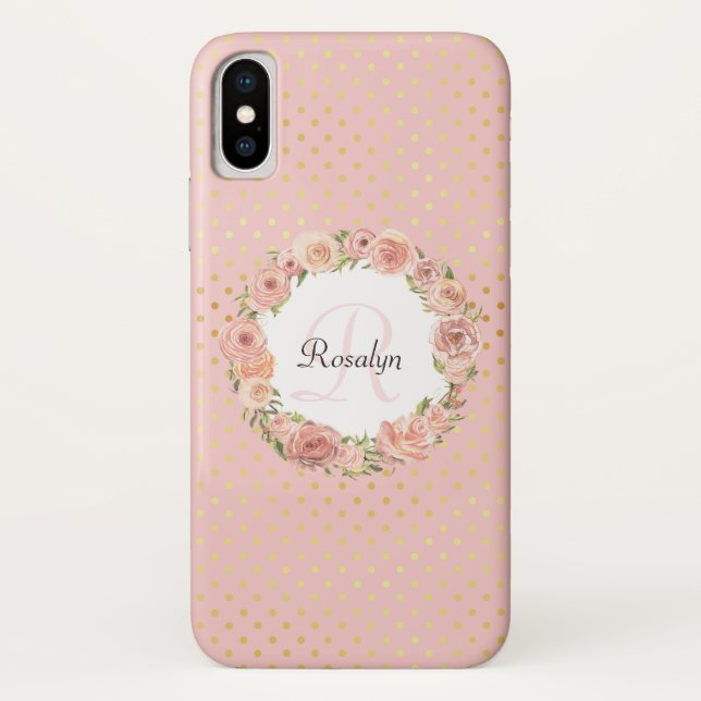 Romantic Gold Dotted Rose Floral Monogrammed Name Case-Mate iPhone Case (Back)