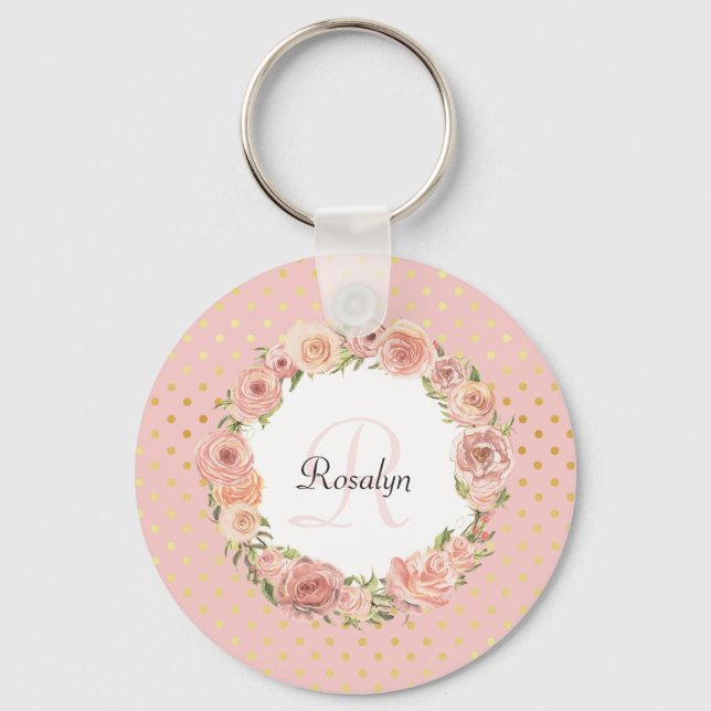 Romantic Gold Dotted Rose Floral Monogrammed Name Keychain (Front)