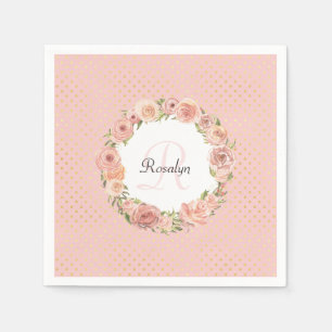 Romantic Gold Dotted Rose Floral Monogrammed Name Napkin