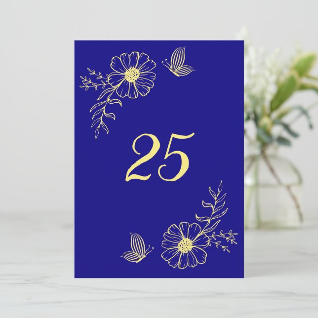 Romantic gold flower royal blue table number (Standing Front)