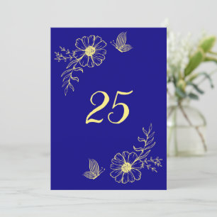 Romantic gold flower royal blue table number