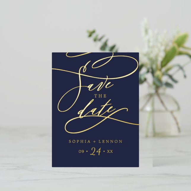 Romantic Gold Foil Calligraphy Navy Save the Date Foil Invitation Postcard (Standing Front)