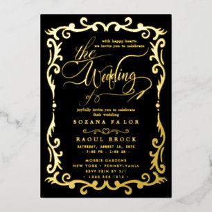 Romantic Gold Foil Navy Blue Frame Wedding