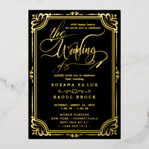 Romantic Gold Foil Navy Blue Frame Wedding