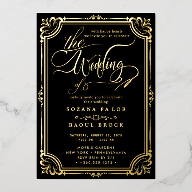 Romantic Gold Foil | Navy Blue Frame Wedding (Front)