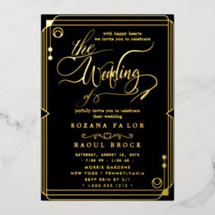 Romantic Gold Foil Navy Blue Frame Wedding