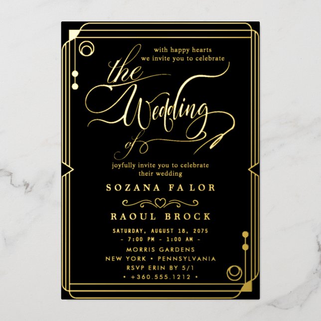 Romantic Gold Foil | Navy Blue Frame Wedding (Front)