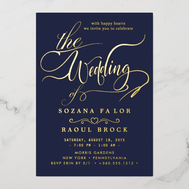 Romantic Gold Foil | Navy Blue Frame Wedding (Front)