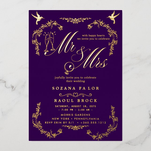 Romantic Gold Foil | Navy Blue Frame Wedding Foil (Front)