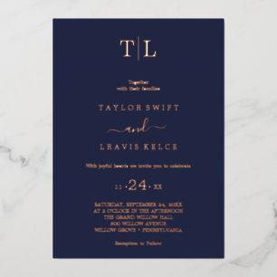 Romantic Gold Foil Navy Blue Monogram Wedding 