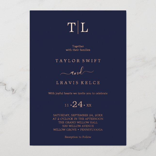 Romantic Gold Foil Navy Blue Monogram Wedding  (Front)