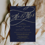 Romantic Gold Foil | Navy Blue Mr & Mrs Wedding<br><div class="desc">This romantic gold foil navy blue Mr and Mrs wedding foil invitation is perfect for a simple wedding. The modern classic design features fancy swirls and whimsical flourishes with gorgeous elegant hand lettered gold foil pressed typography on a dark blue background.</div>