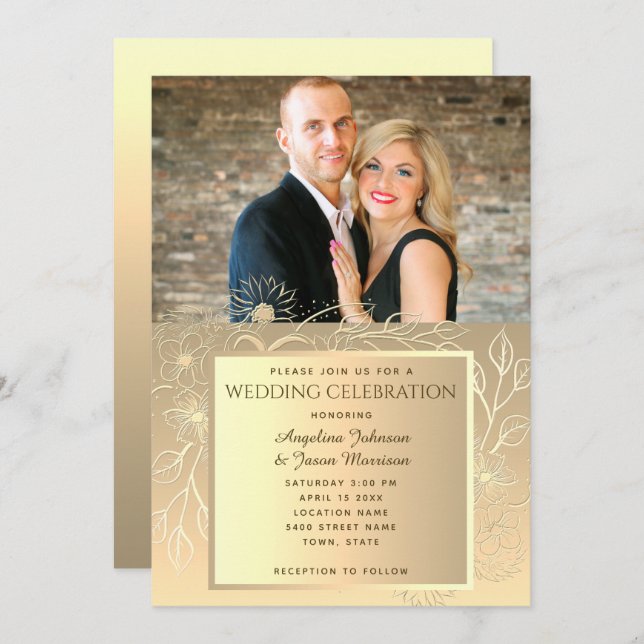 Romantic Gold Foil Photo Wedding Invitation (Front/Back)