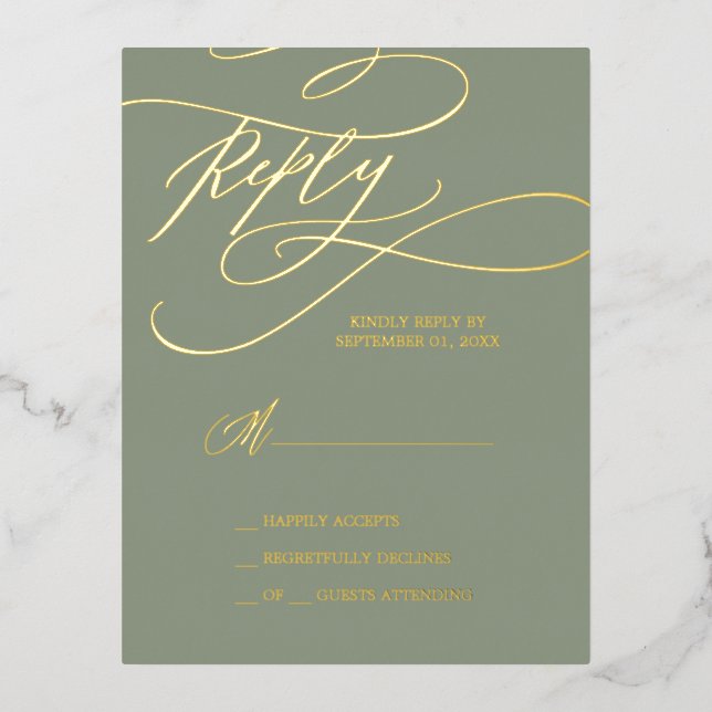 Romantic Gold Foil | Sage Green Simple RSVP Card (Front)