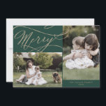 Romantic Gold Green Merry 3 Photo Year In Review Holiday Card<br><div class="desc">This romantic gold green merry 3 photo year in review holiday card is the perfect simple holiday greeting. The modern classic design features fancy swirls and whimsical flourishes with gorgeous elegant hand lettered faux champagne gold foil typography. Personalize the card with 3 photos, your family name, first names, and year....</div>