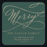 Romantic Gold Green Merry Return Address Envelope Square Sticker<br><div class="desc">These romantic gold green merry return address envelope stickers are perfect for a simple holiday card or invitation envelope. The modern classic design features fancy swirls and whimsical flourishes with gorgeous elegant hand lettered faux champagne gold foil typography.</div>