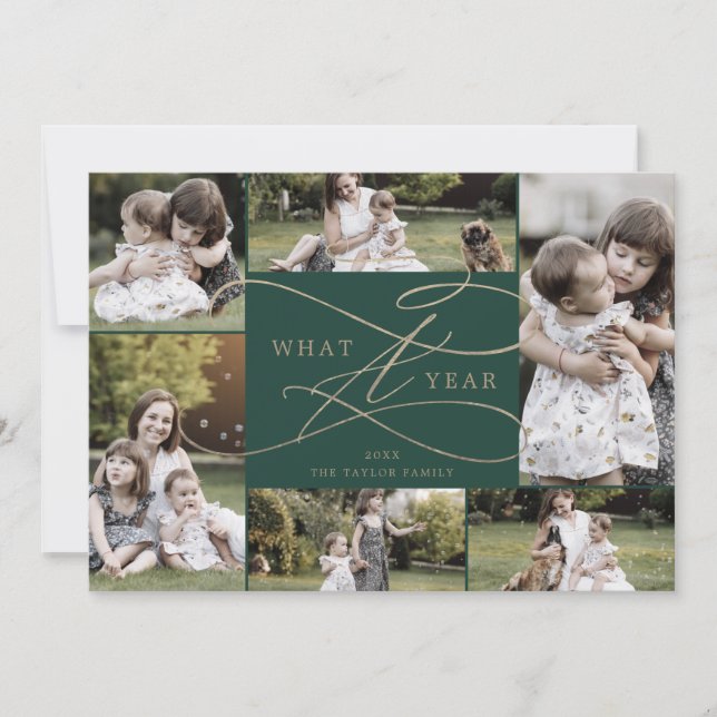 Romantic Gold Green What A Year 7 Photo Family Holiday Card (Front)
