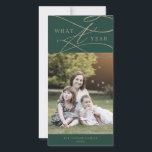 Romantic Gold Green What A Year Photo Family News Holiday Card<br><div class="desc">This romantic gold green what a year photo family news holiday card is the perfect simple holiday greeting. The modern classic design features fancy swirls and whimsical flourishes with gorgeous elegant hand lettered faux champagne gold foil typography. Personalize the front of the card with a photo, your family name and...</div>