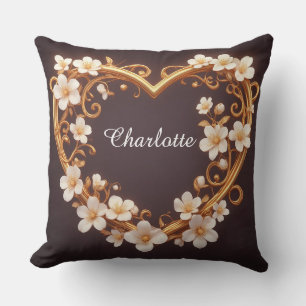 🌸 Romantic Gold Heart Floral Elegant Wedding Throw Pillow