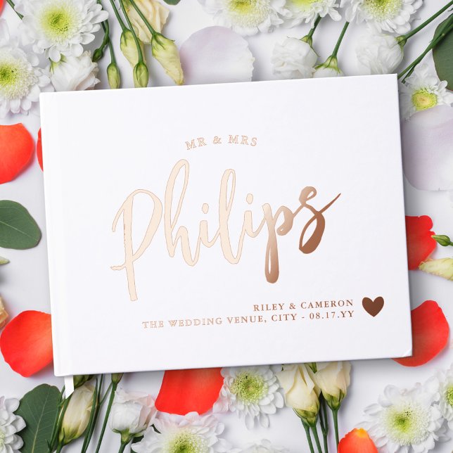 Romantic Gold Heart Last Name in Script Wedding Guest Book (Creator Uploaded)
