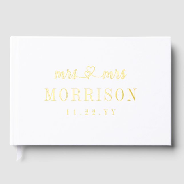 Romantic Gold Heart Script Mrs & Mrs Wedding Guest Book (Front)