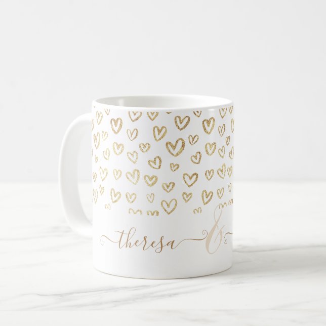Romantic Gold Hearts Custom Named Coffee Mug (Front Left)