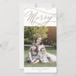 Romantic Gold Merry Christmas Photo Family News Holiday Card<br><div class="desc">This romantic gold merry Christmas photo family news holiday card is the perfect simple holiday greeting. The modern classic design features fancy swirls and whimsical flourishes with gorgeous elegant hand lettered faux champagne gold foil typography. Personalize the front of the card with a photo, your family name and the year....</div>