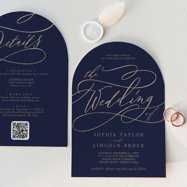 Romantic Gold Navy All In One QR Code Arch Wedding Invitation (Romantic Gold Navy All In One QR Code Arch Wedding Invitation)