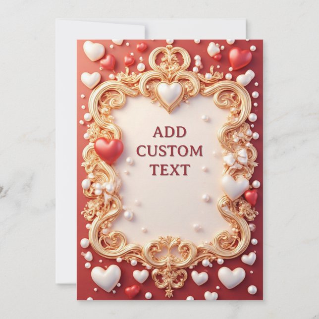 Romantic Gold Ornate Frame With Red Hearts Invitation (Front)