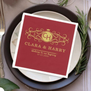 Romantic gold red elegant calligraphy wedding  napkin