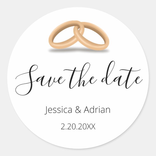 Romantic Gold Rings Save the Date Classic Round Sticker (Front)